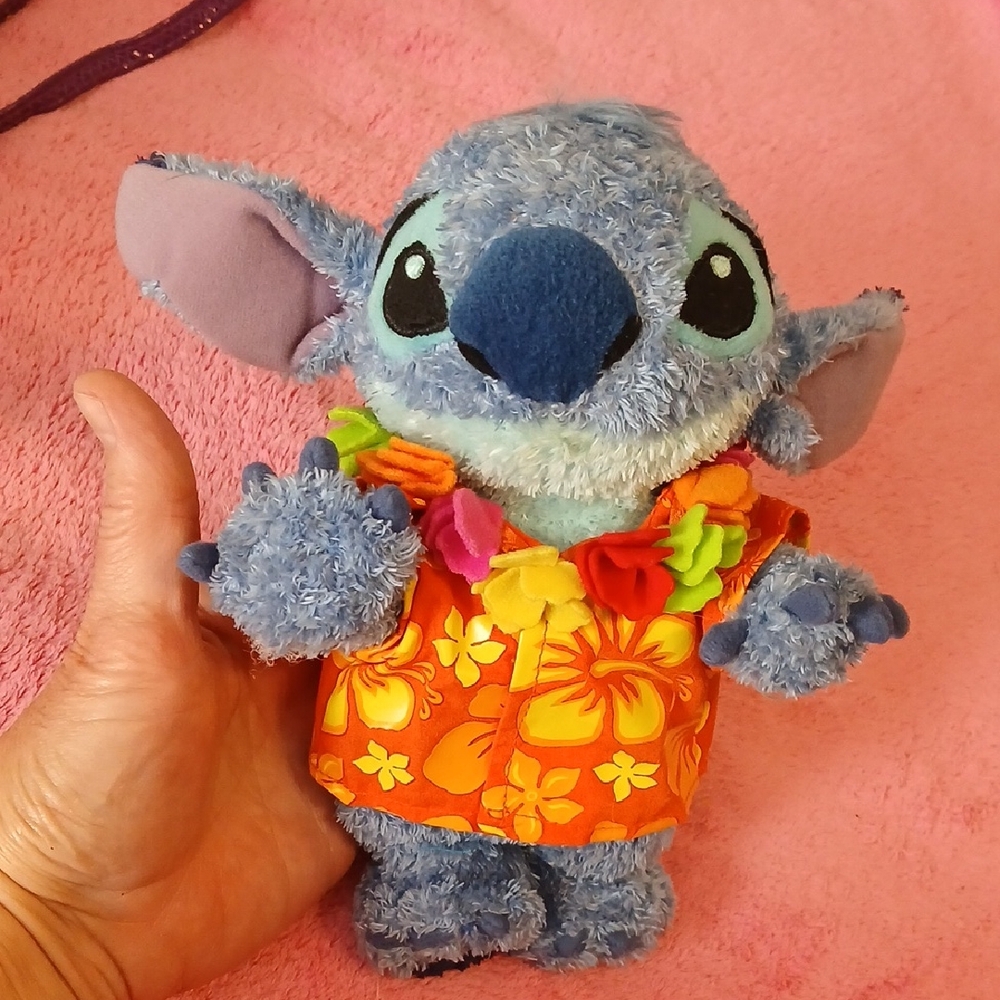 Disney Blue Stitch Plush in Orange Hawaiian Shirt with Multicolor Lei